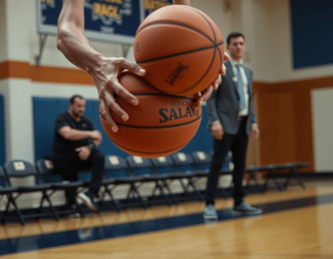 Close-up of hands passing a basketball during a basketball drill on the hardwood.