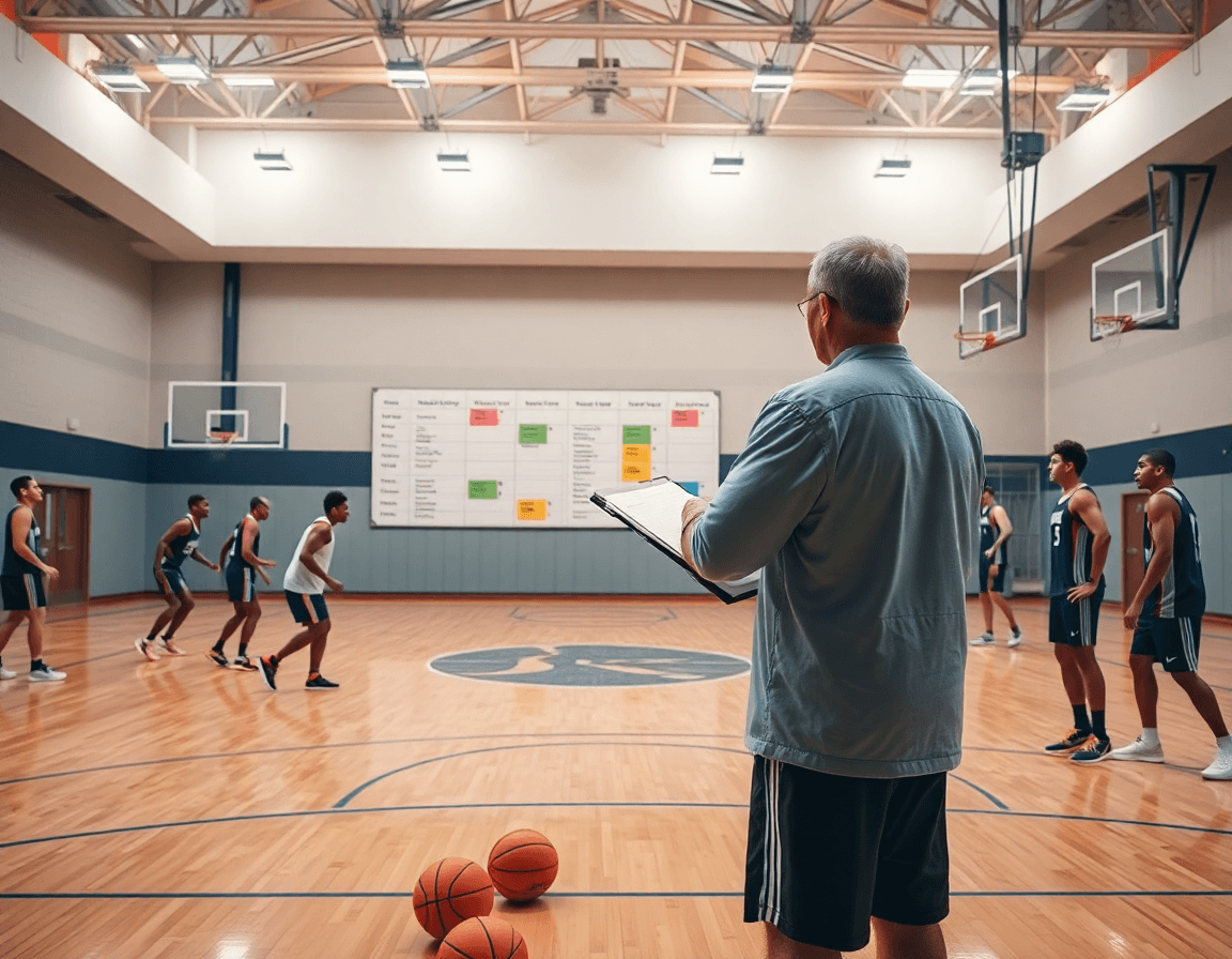 Wide shot of a basketball pre-season practice plan in a gym with coach and players.