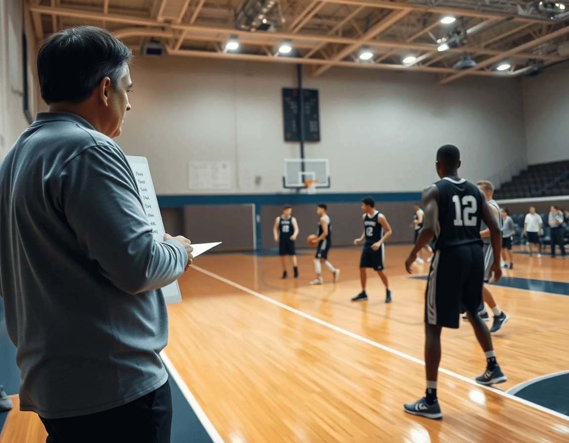 Coach uses whiteboard to show basketball quick hitters while players execute on the hardwood.