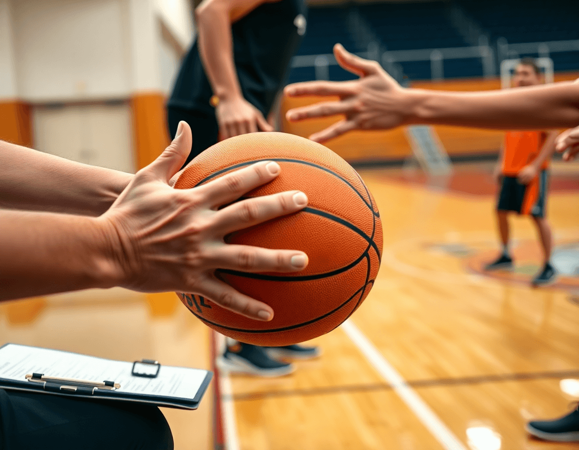 Close-up of hands passing an orange basketball during basketball quick hitters drill.
