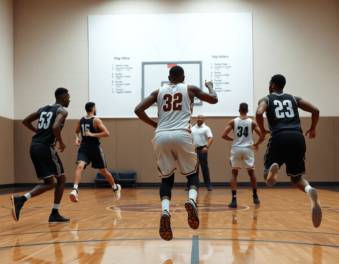 Five basketball players sprint to execute a full-court basketball quick hitters drill; coach directs from the sideline.