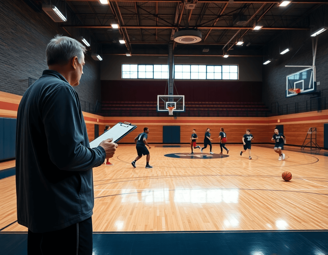 Wide shot of a basketball quick hitters practice in a gym with a coach guiding players.