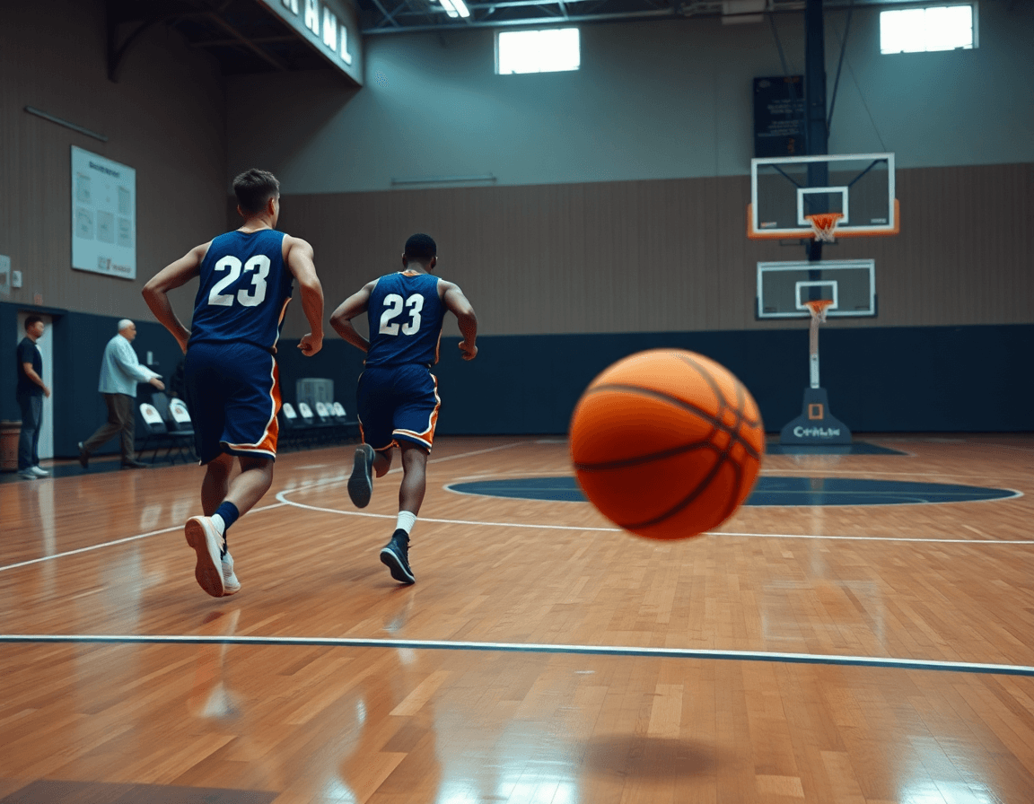 Players run a rhythm drill near half court as the basketball roster sheet template informs decisions.