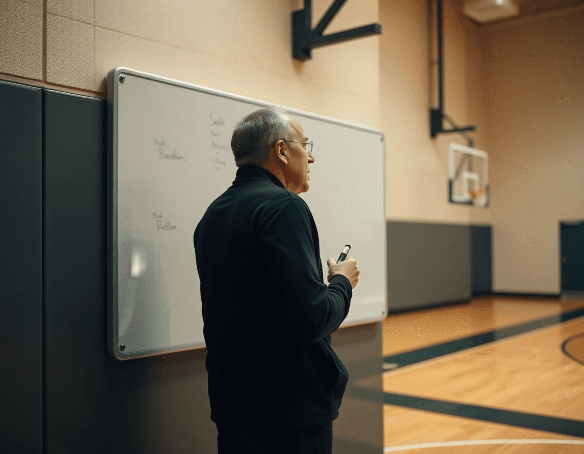 Coach explaining tactics on a gym whiteboard