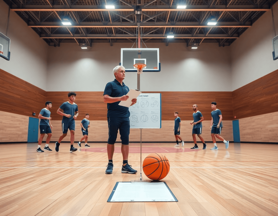 Wide gym scene shows basketball roster sheet template guiding a practice in progress.