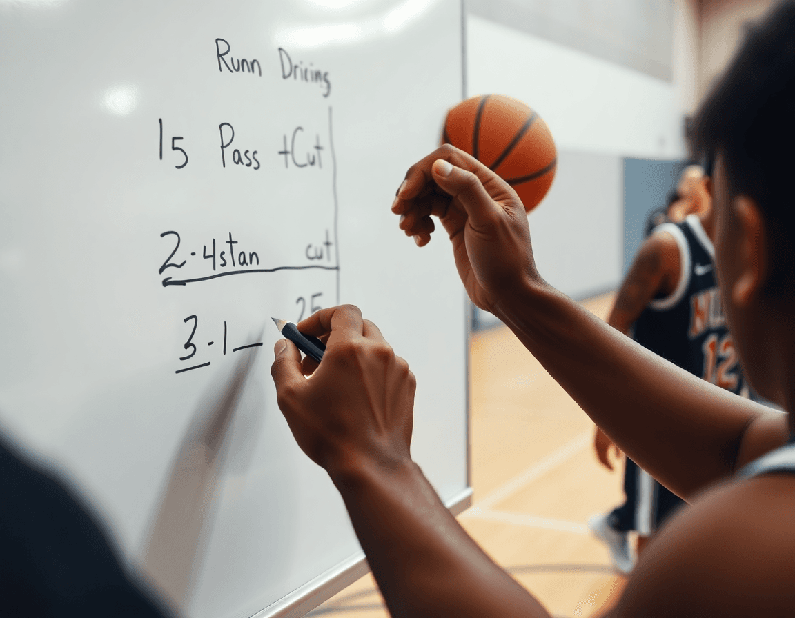 Close-up of hands writing basketball plays on a whiteboard as basketball players practice a pass-and-cut sequence.