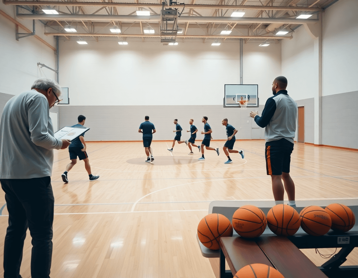 Wide shot shows coach on sideline with clipboard guiding a full-court basketball drill in a bright basketball gym.