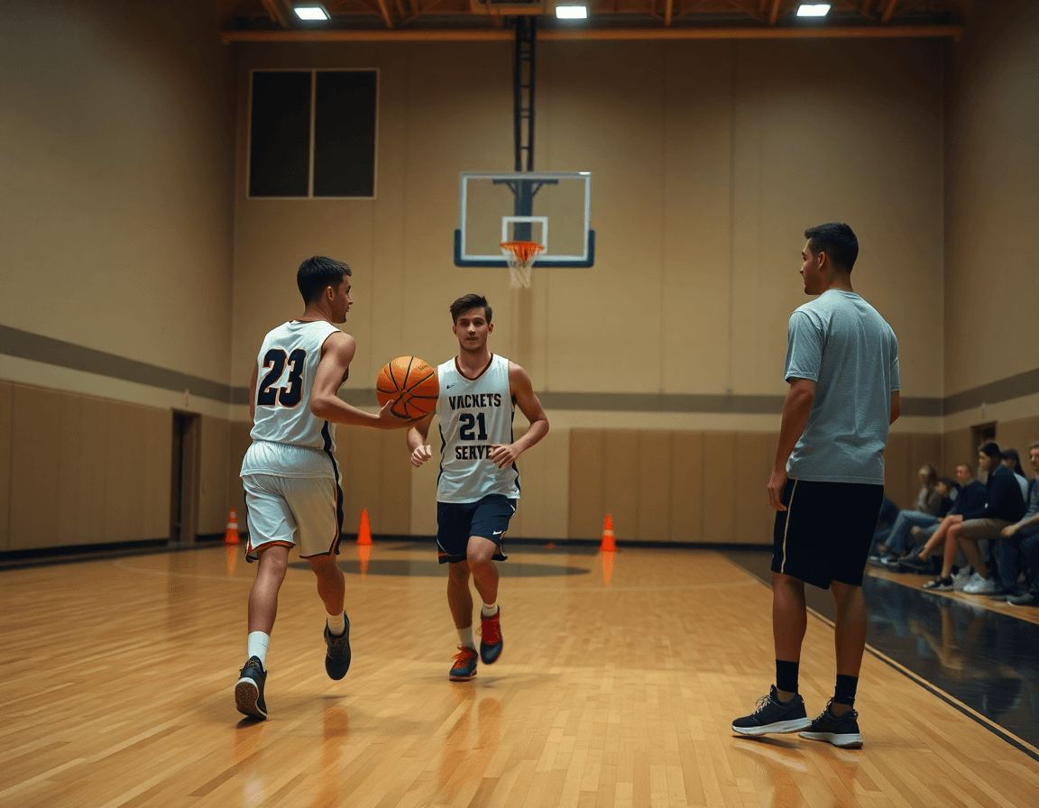 Two players pass near the top as basketball scouting app ideas guide the drill.