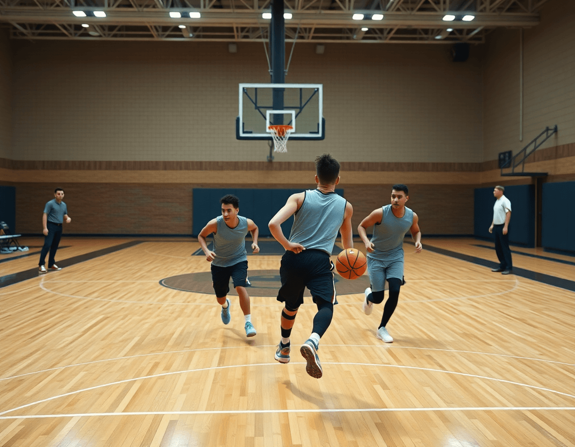 Three players sprint on the hardwood as basketball scouting app insights guide the play.