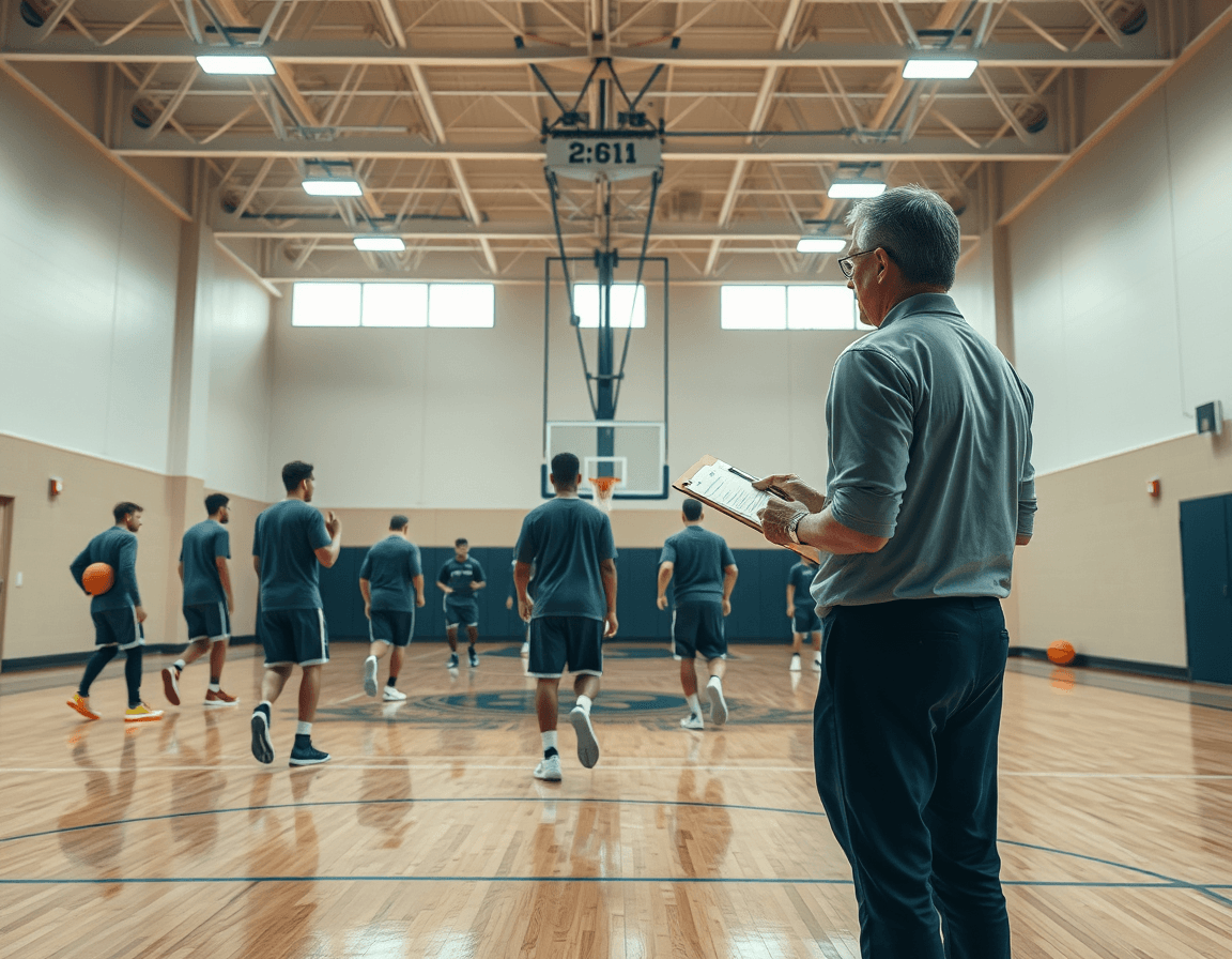 Wide-shot basketball scouting report app scene with coach guiding players on a full-court basketball.