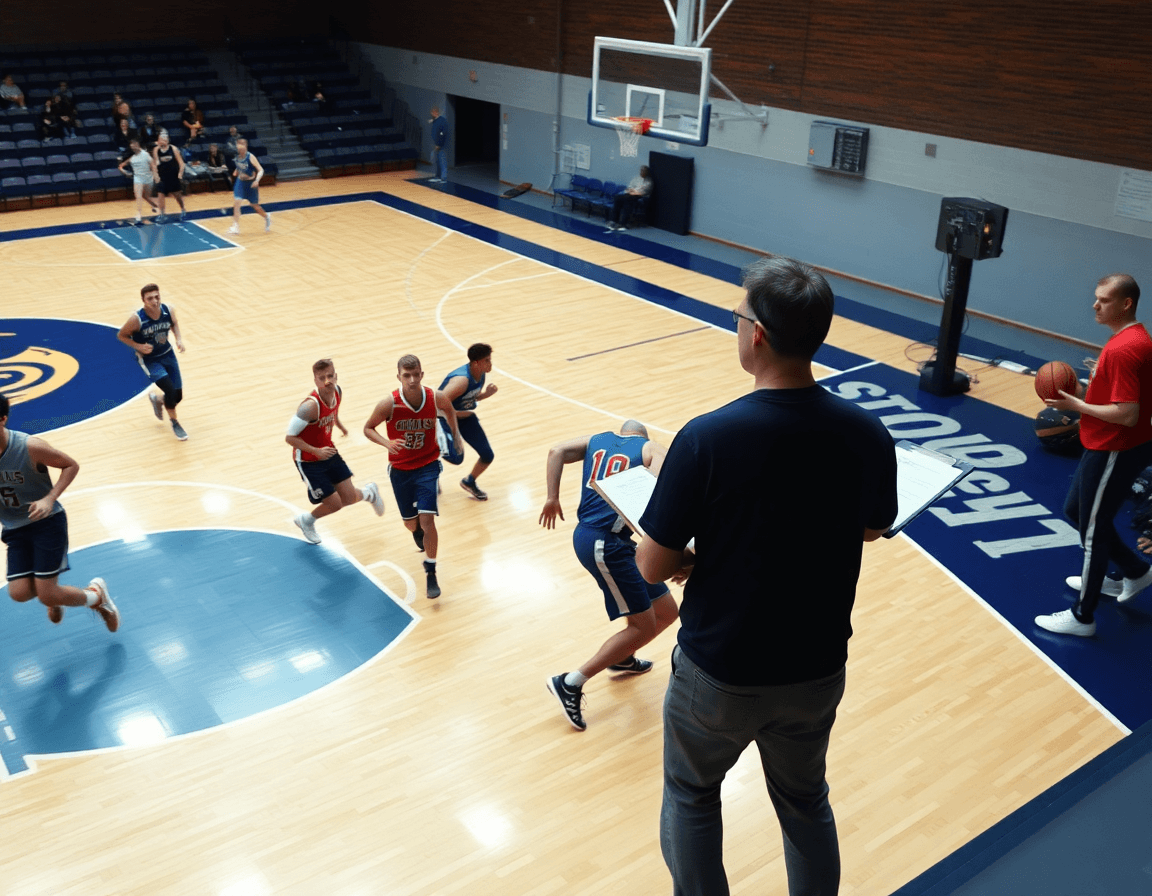 basketball scouting report example full-court drill with coach notes and basketball visible.
