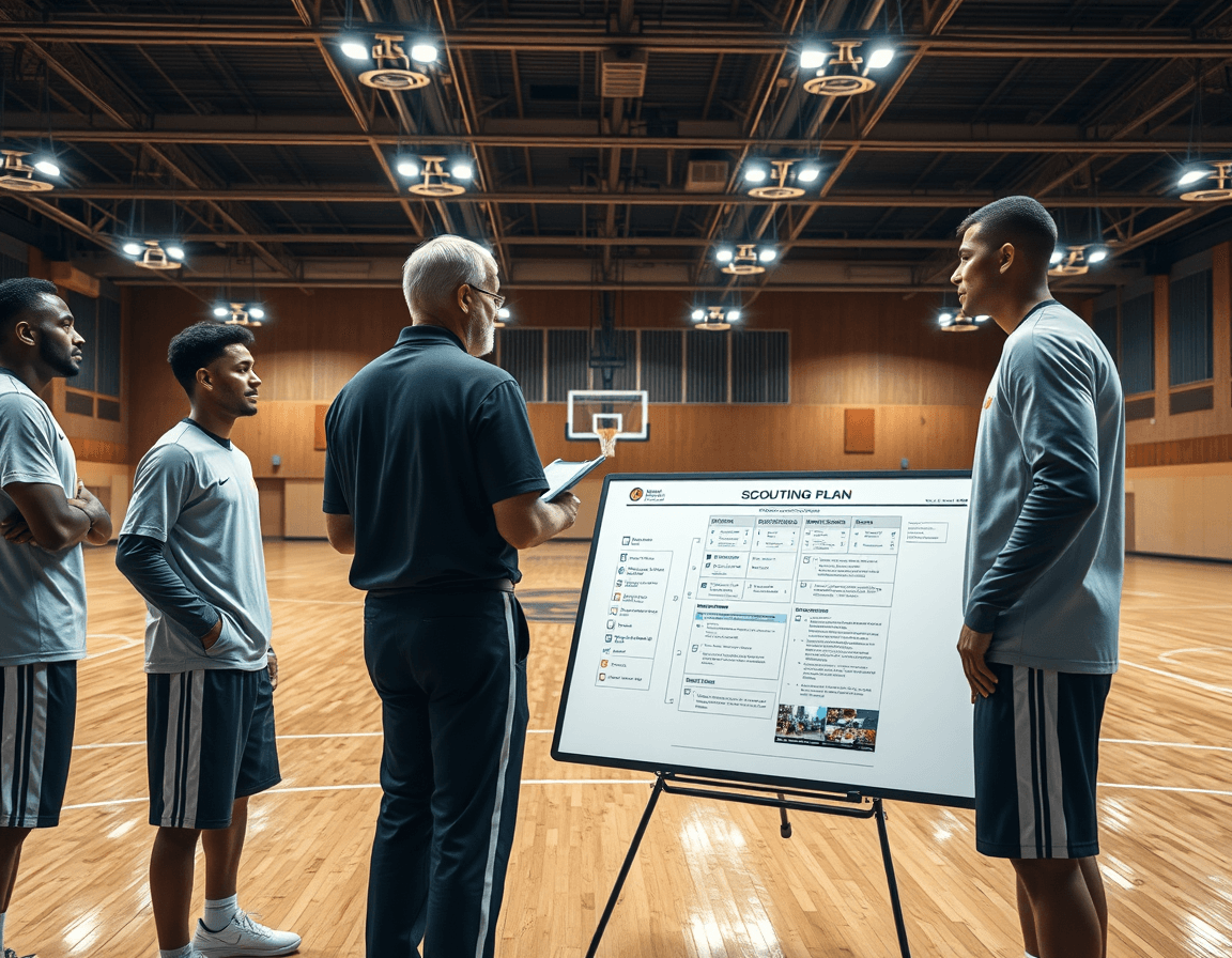 Wide basketball gym scene; coach reviews a basketball scouting report pdf on a tablet beside players.