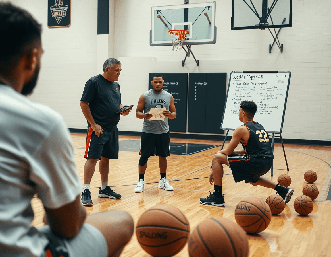 During weekly cadence on the basketball court, the coach reviews basketball scouting report software clips.