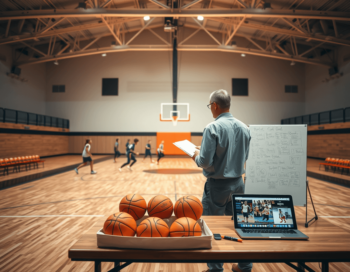 Wide basketball gym scene showing basketball scouting report software guiding a coach and players.