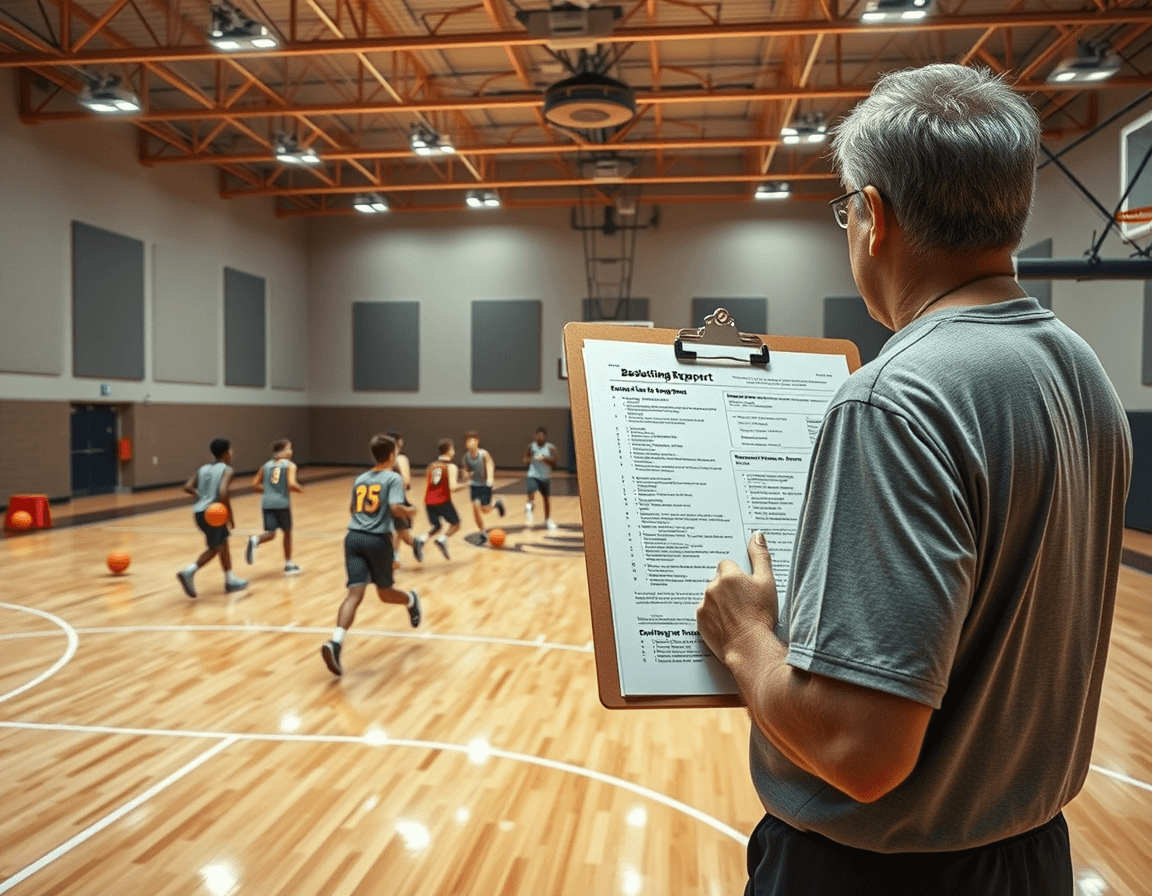 Wide shot of a basketball coaching scene with a basketball scouting report template doc on clipboard.