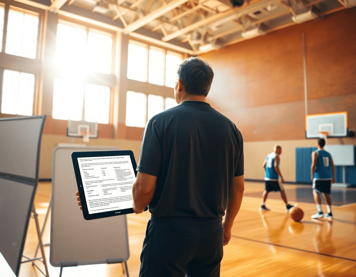 Coach with tablet reviews basketball scouting report template pdf during a week’s drill in the basketball gym.