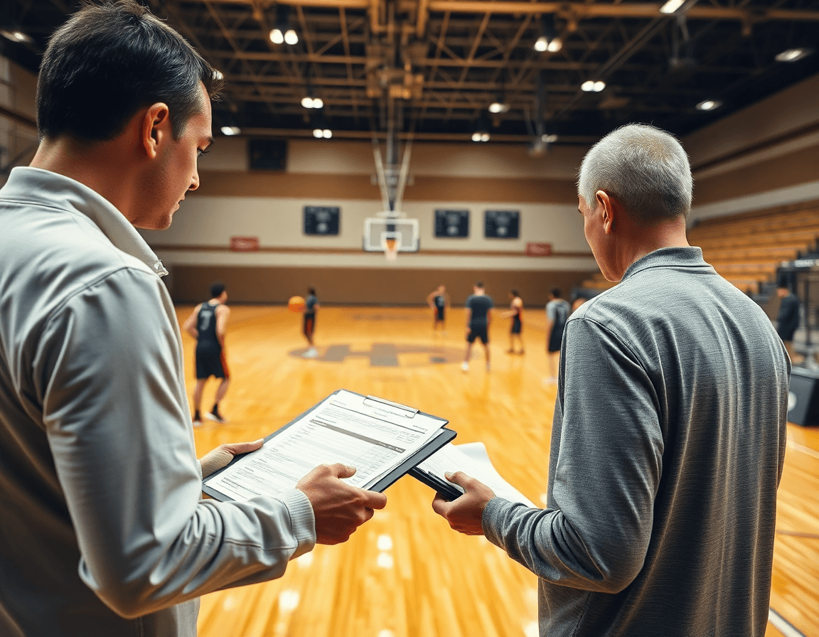 Coach prints basketball scouting report template pdf while players warm up on the basketball gym hardwood.