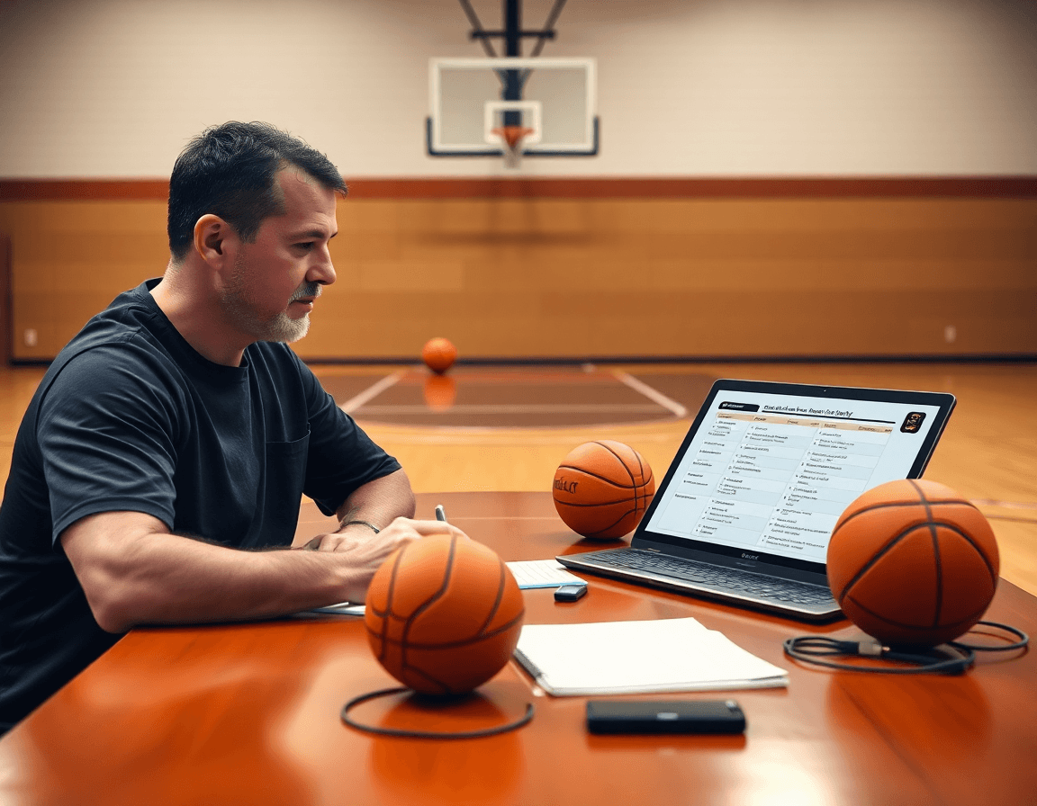 Coach fills fillable fields in basketball scouting report template pdf beside the basketball court.