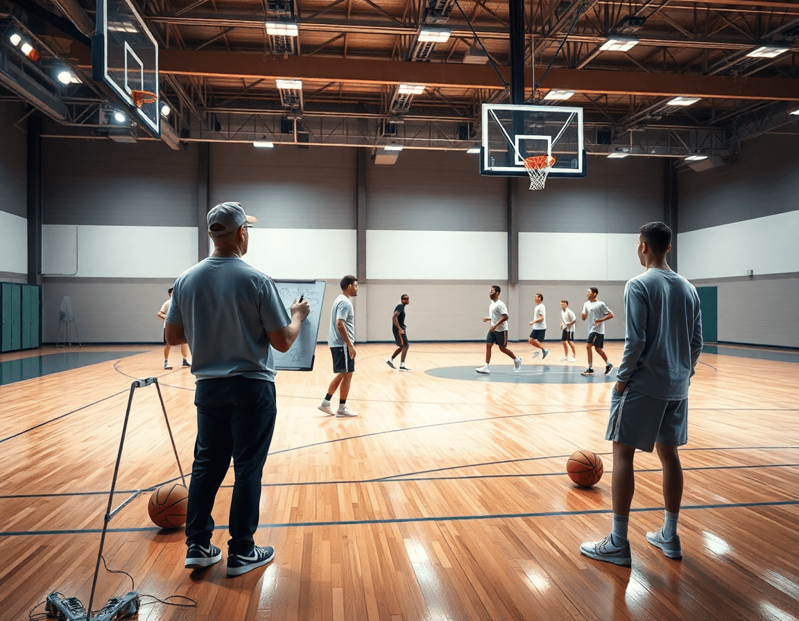Basketball scouting report template explained on a hardwood gym floor with a coach and players.