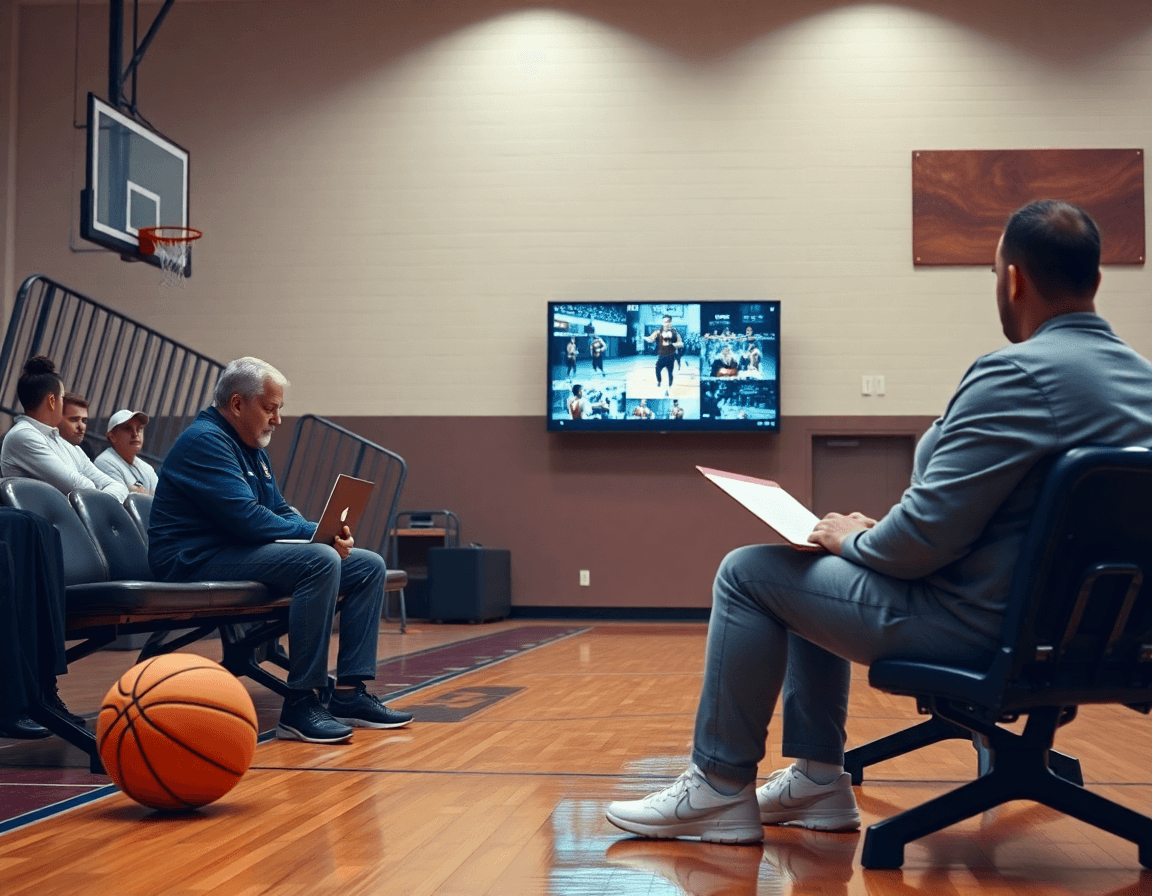 Video analysis session on the hardwood basketball court with a coach and players reviewing clips.