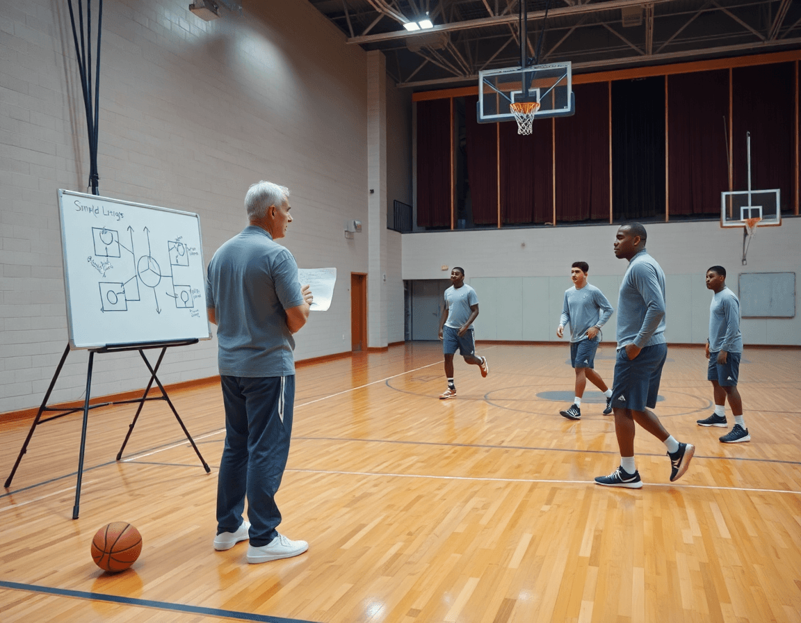 Coach turns opponent notes into simple basketball plays on the whiteboard for the team.