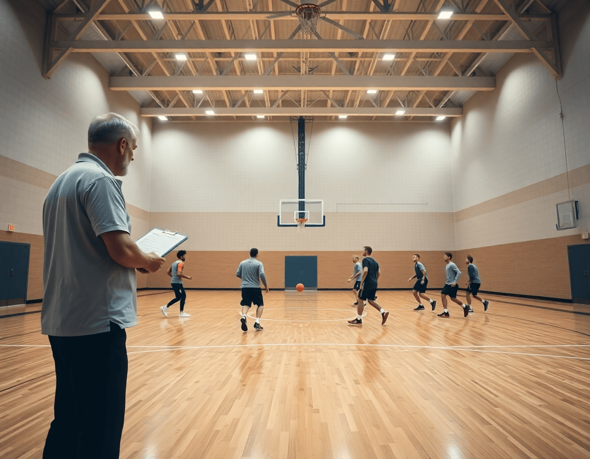 Basketball scouting report template in action on a busy hardwood basketball gym court.