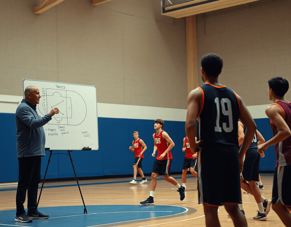 Coach with a tactics whiteboard explains a basketball rotation as players run a quick drill on the court.