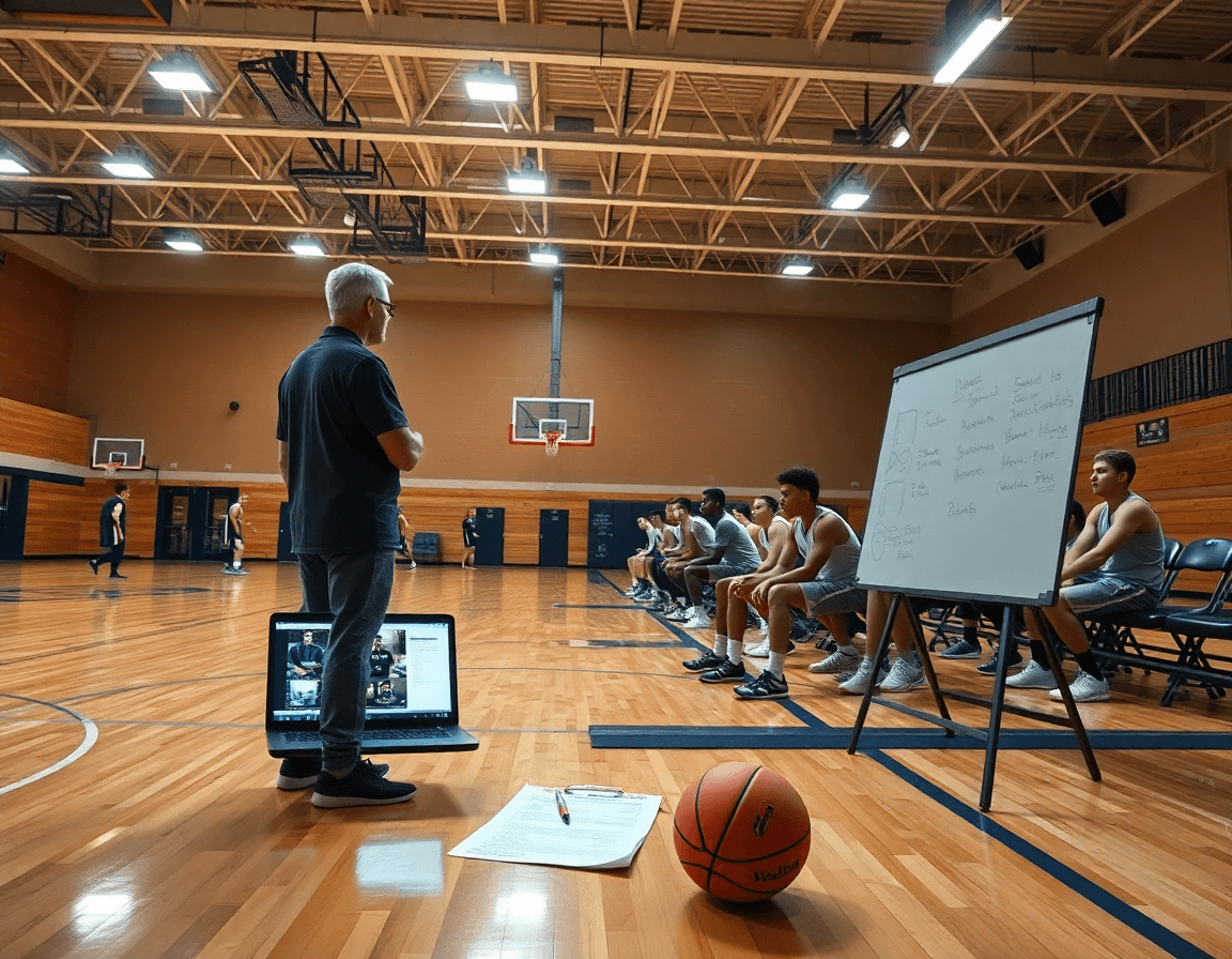 Wide cinematic shot of basketball scouting report briefing during basketball team practice on a well lit court.