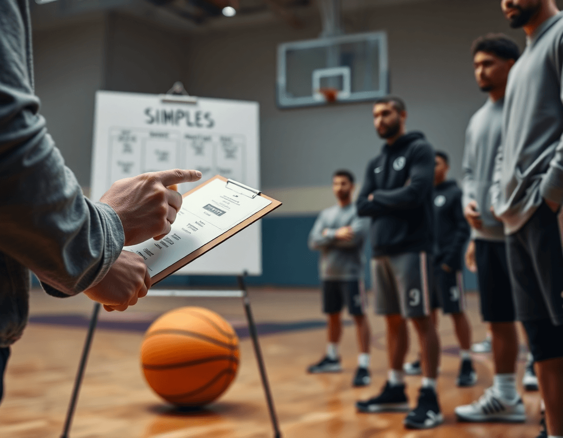 Close-up of hands on clipboard with basketball scouting software in a gym drill.