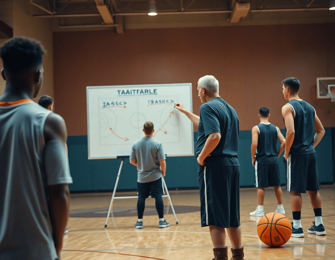 Tight shot of whiteboard and basketball scouting software guiding a team drill.