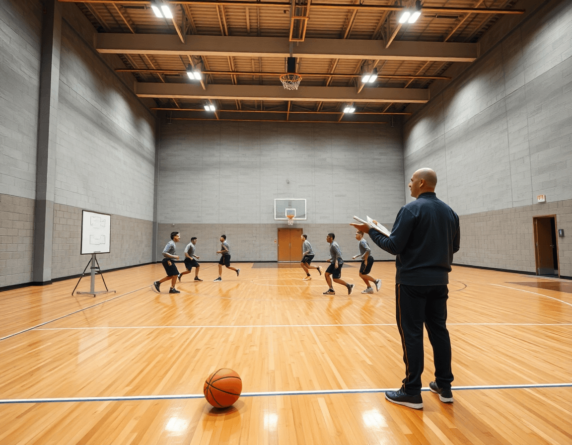 Wide cinematic shot of a basketball gym showing a coach guiding players, hinting at basketball scouting software.