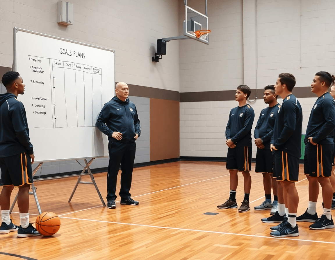 Coach sketches season goals by a whiteboard as players gather around, basketball in the air.