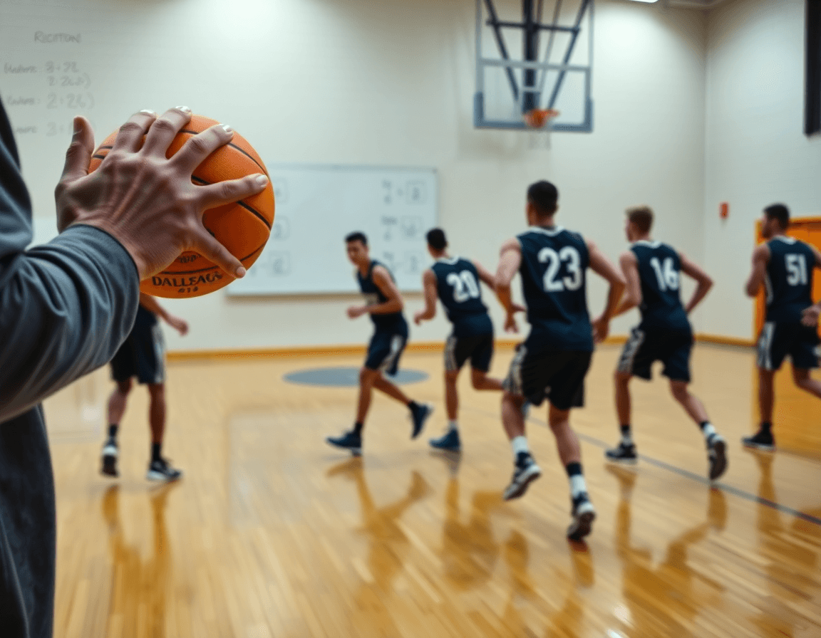 Close-up of players rotating through a basketball drill on the hardwood.