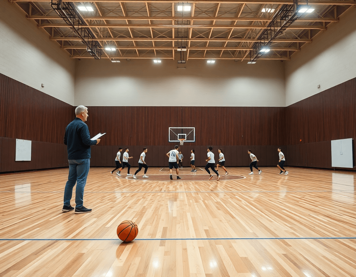Wide shot of a basketball gym with coach and team mid-practice on hardwood.
