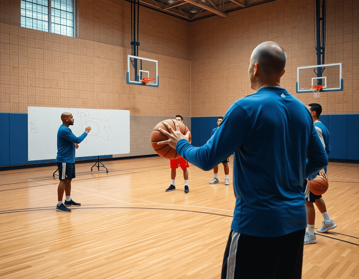 Close-up of a coach's hand sketching basketball shooting drills pdf on a clipboard beside the court.