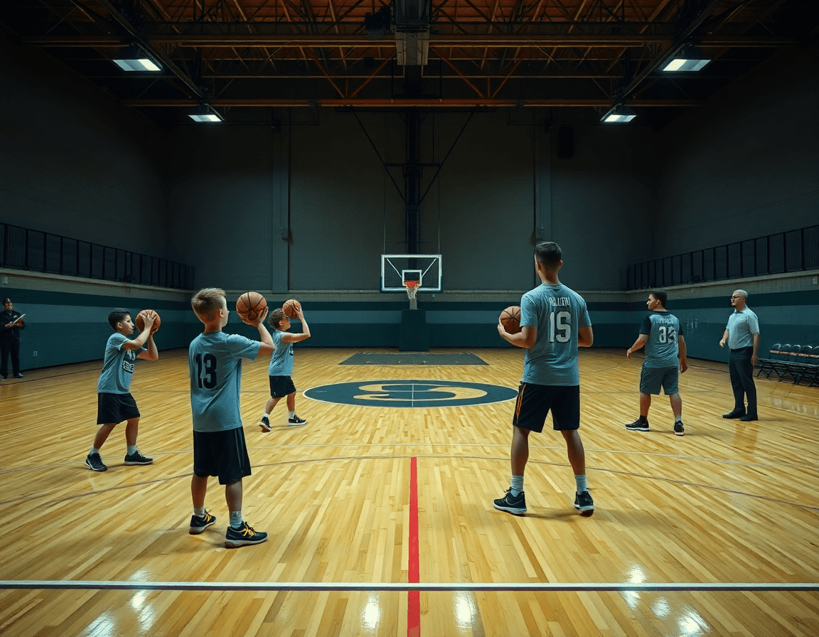 Side-by-side basketball shooting drills pdf concept realized as youth and varsity players practicing.