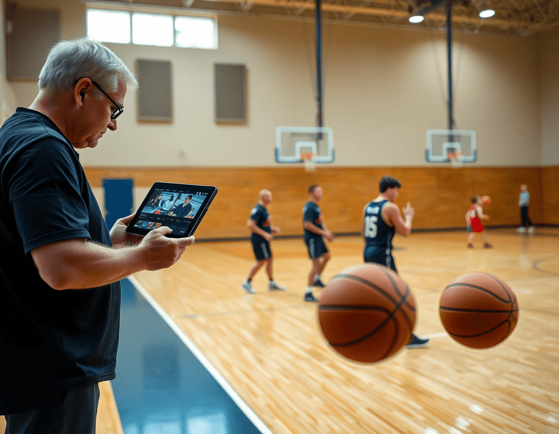 Coach reviews basketball shooting drills pdf video clips as players practice on the hardwood basketball court.