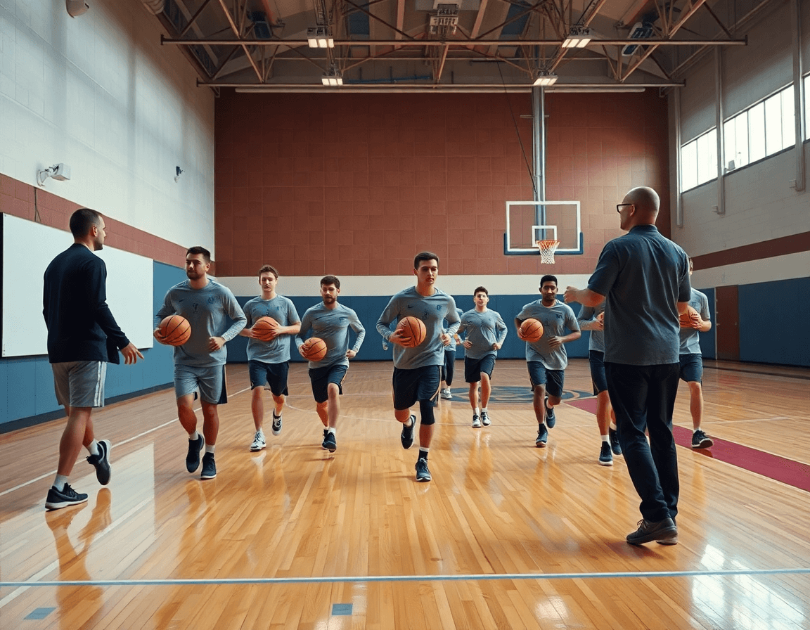 Wide gym scene illustrating basketball shooting drills pdf notes guiding a full basketball practice.