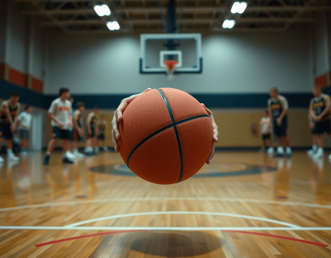 Close-up on a basketball shooting drill in PE, hands gripping an orange basketball on the hardwood.