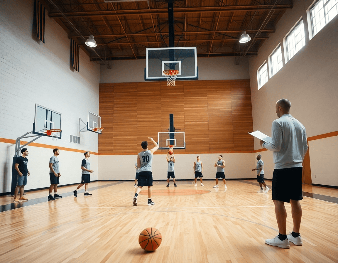 Wide indoor basketball gym scene showing basketball shooting games for PE with a coach and team.