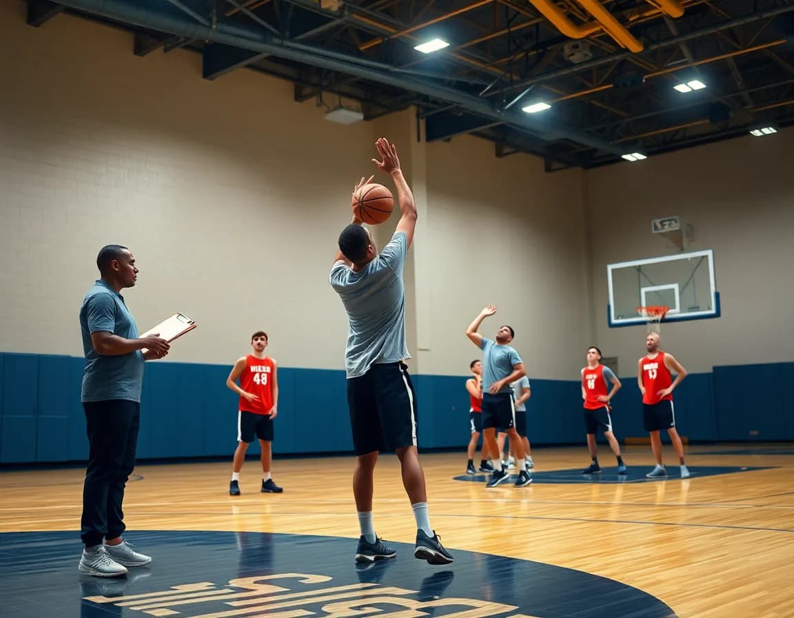 Coaching a basketball shooting workout as players practice jump shots on a bright hardwood court.