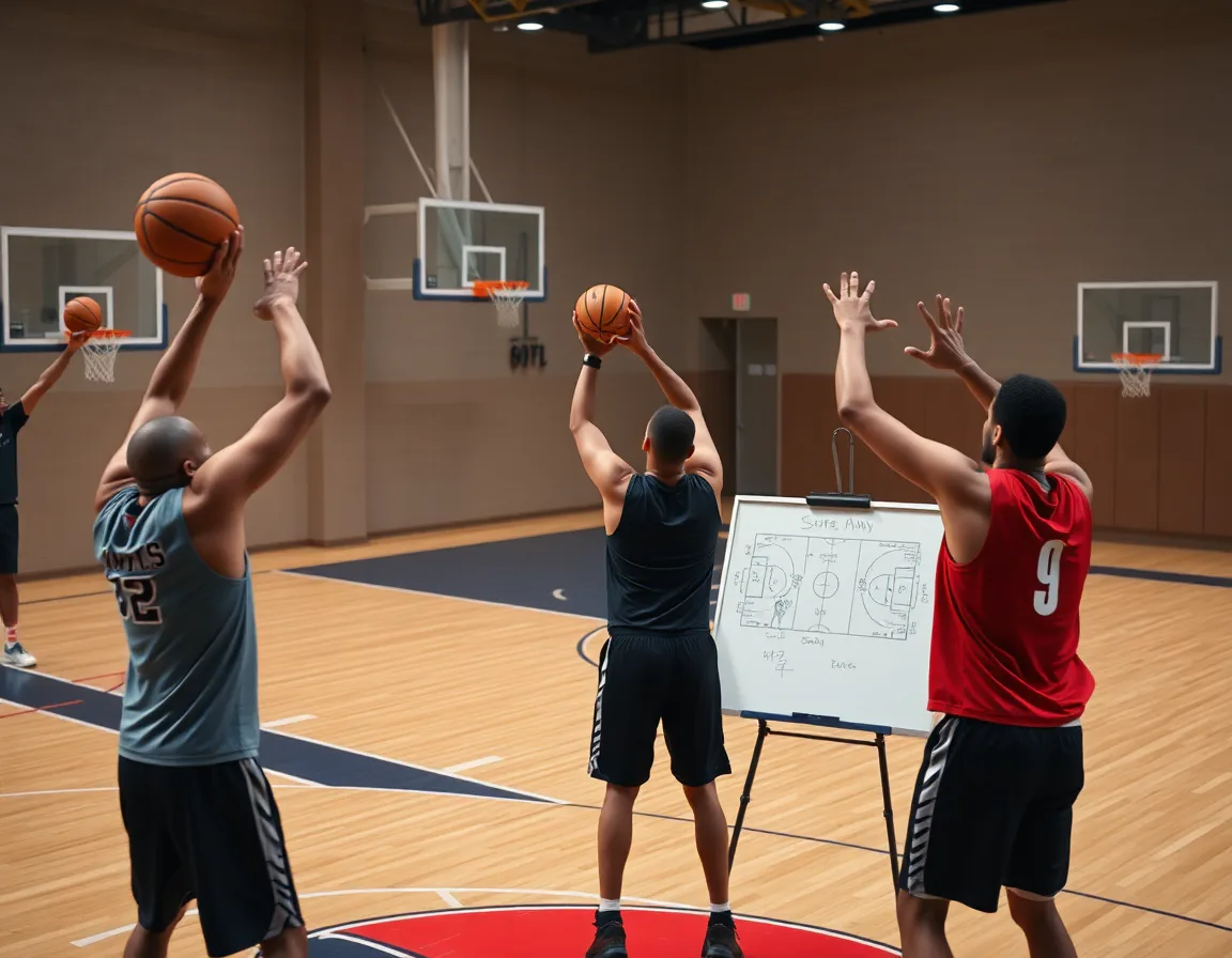 Three players practice a perimeter shot while a coach drafts a basketball shooting workout plan.