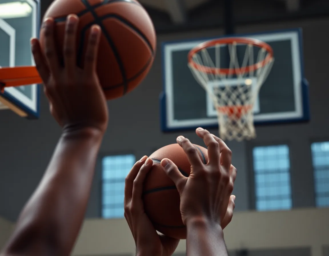 Close-up of hands and the basketball during a basketball shooting workout near the hoop.