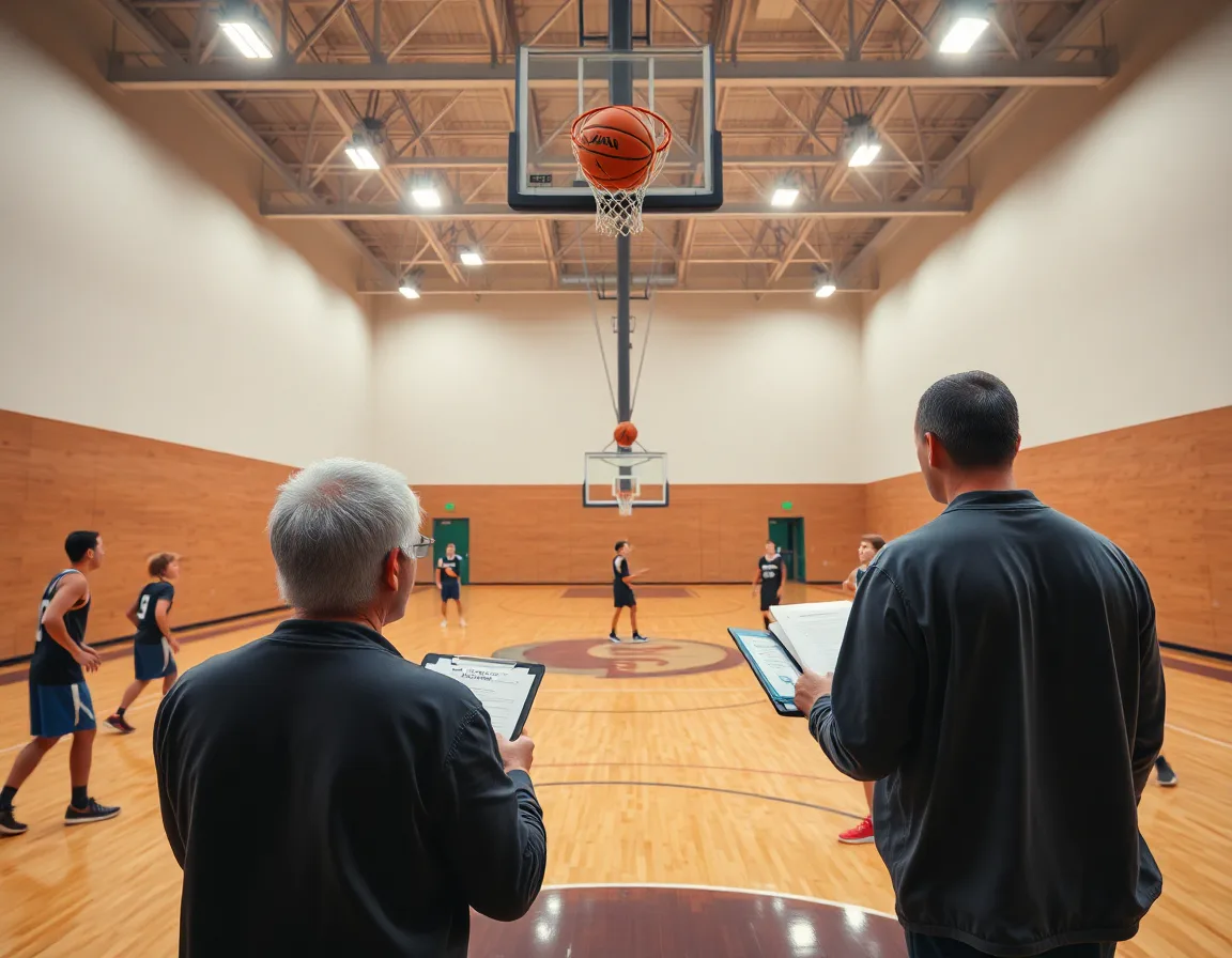 Wide-angle view of a basketball gym with a coach guiding a basketball shooting workout and an orange basketball.