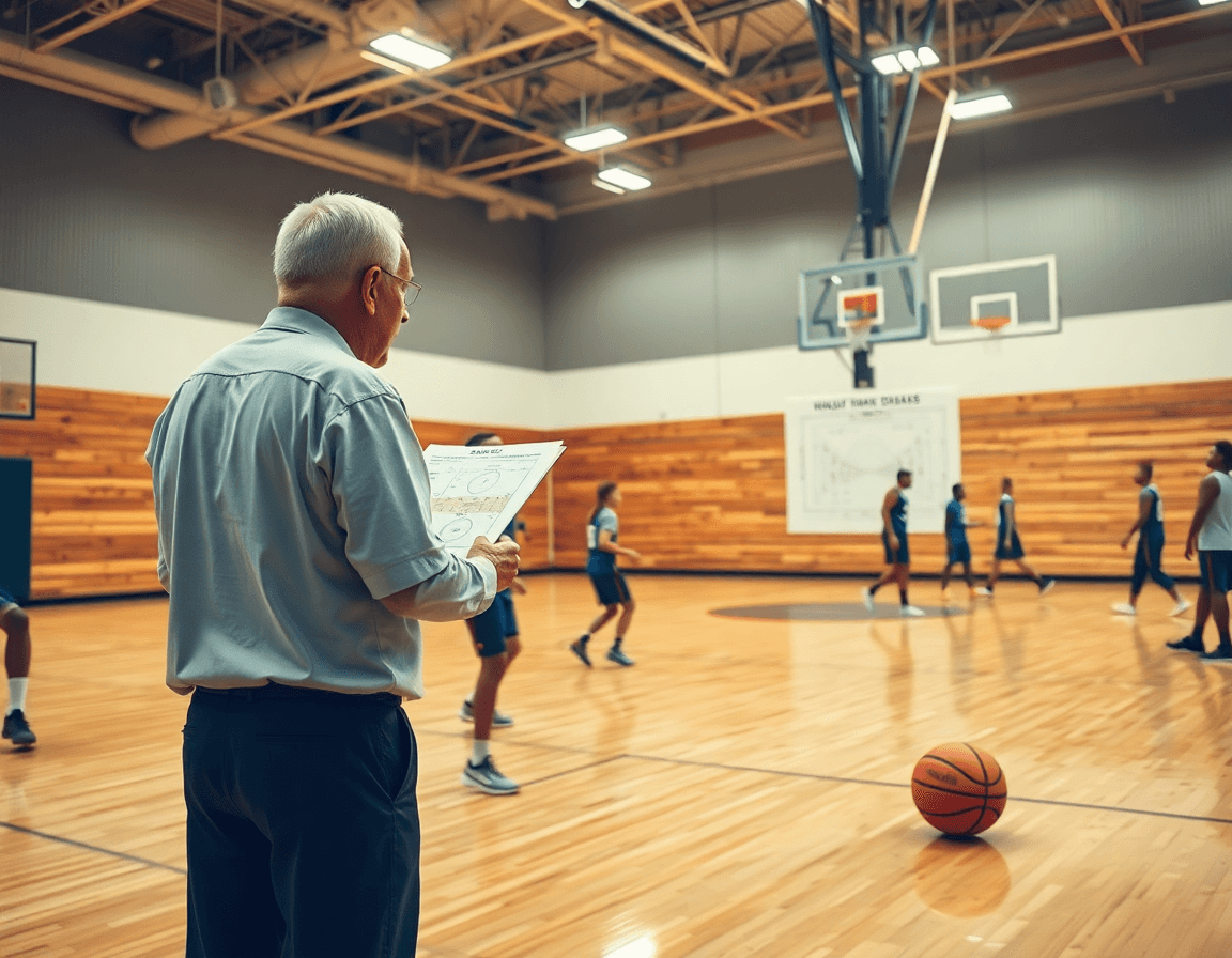 Close-up of a coach reviewing a basketball shot chart pdf on the whiteboard during gym practice.