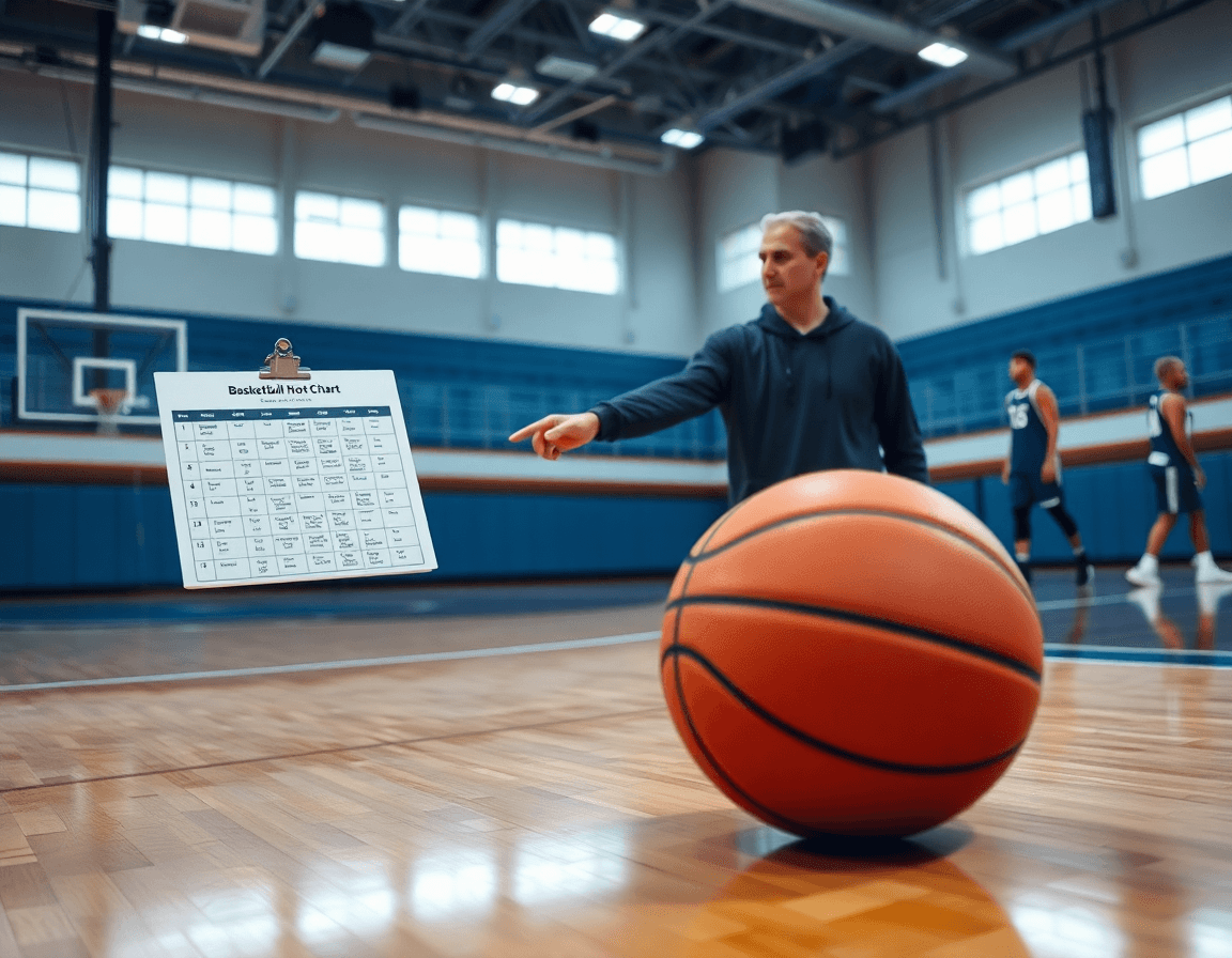 A coach outlines a basketball shot chart pdf on a clipboard during weekly prep.