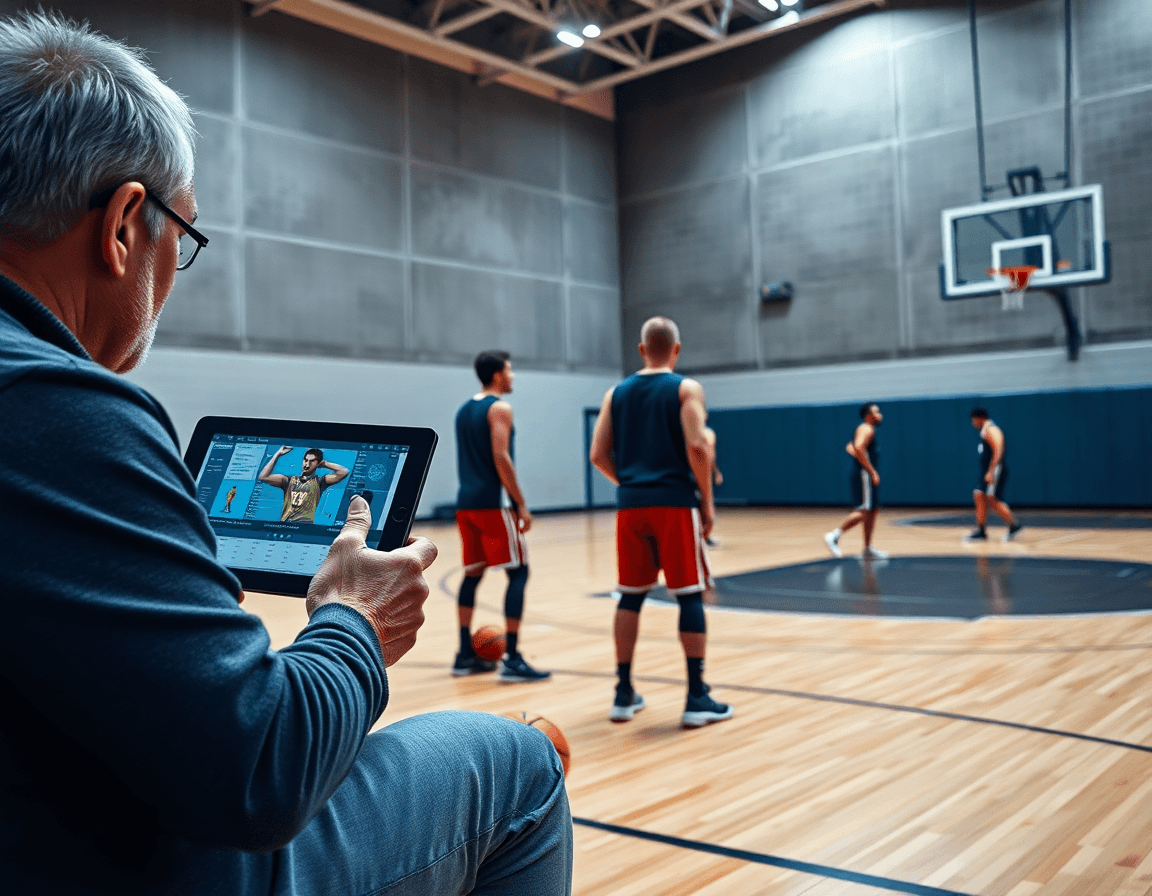 Coach guides players with basketball shot chart pdf linked playlists on a tablet.