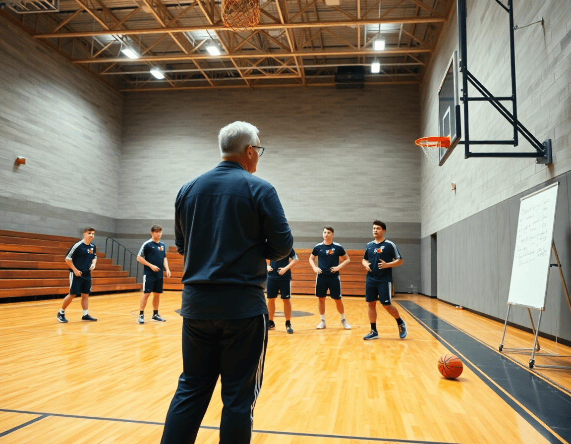 Wide basketball gym scene with coach and team, hinting at a basketball shot chart pdf guiding weekly practice.
