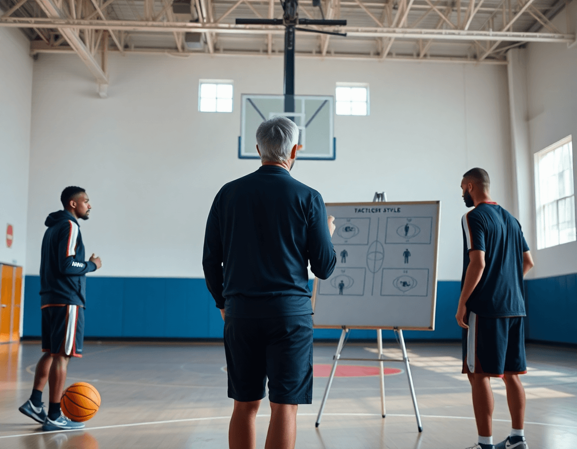 Wide-angle basketball gym scene explaining basketball shot chart concepts to players today.