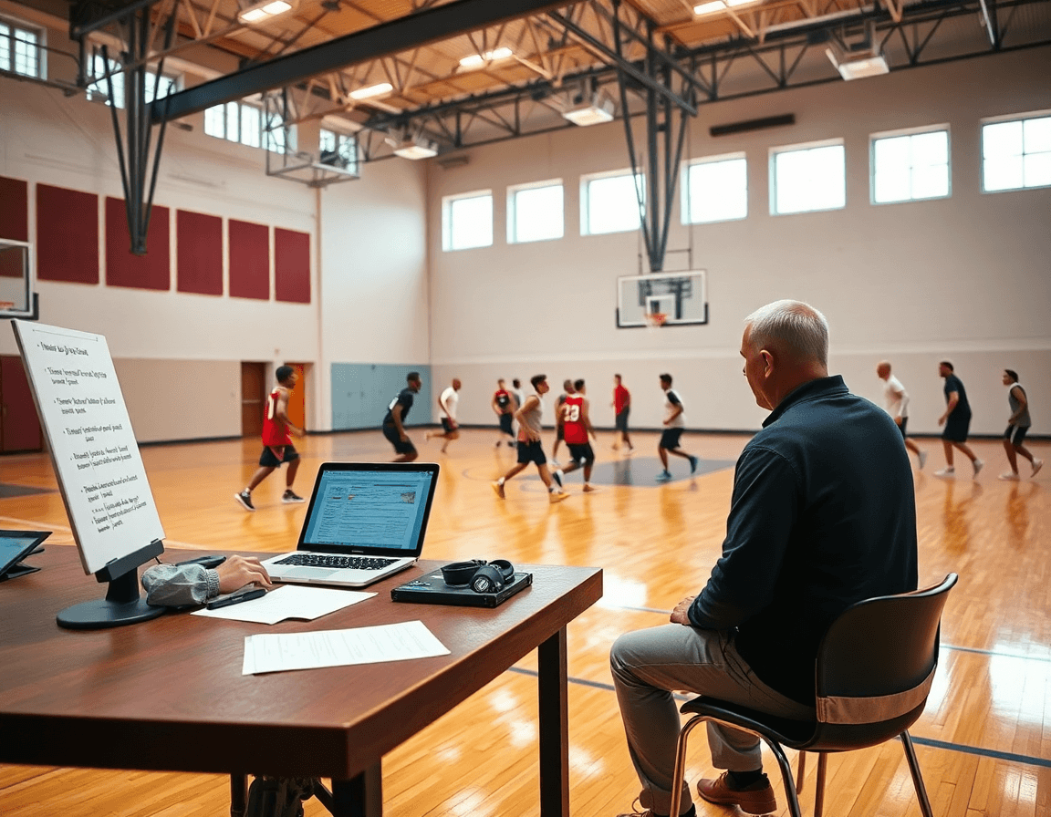 Coach reviews basketball shot chart-inspired planning on a laptop while players practice on the hardwood.